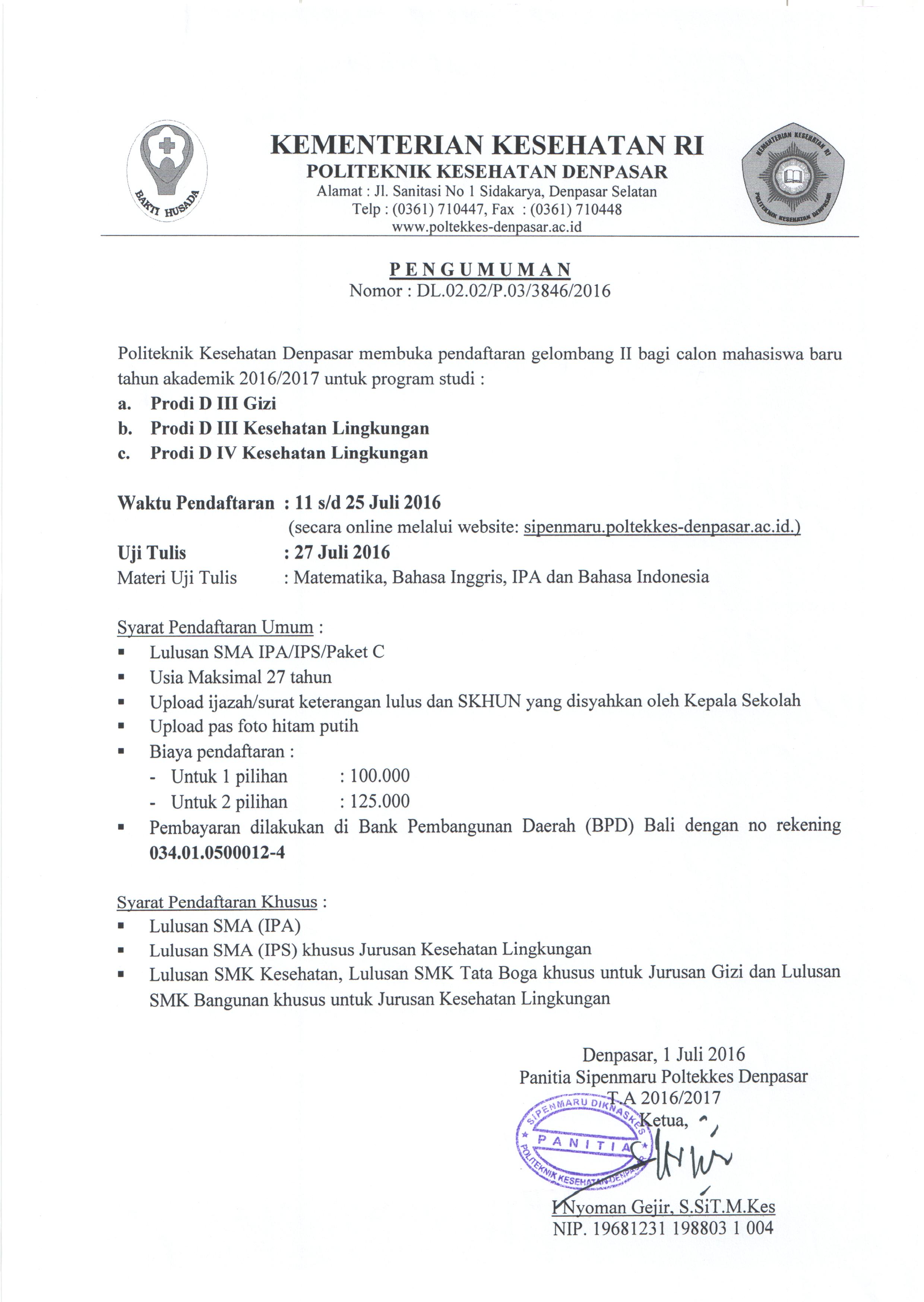 PENGUMUMAN SIPENMARU UTUL GEL II TA 2016-2017